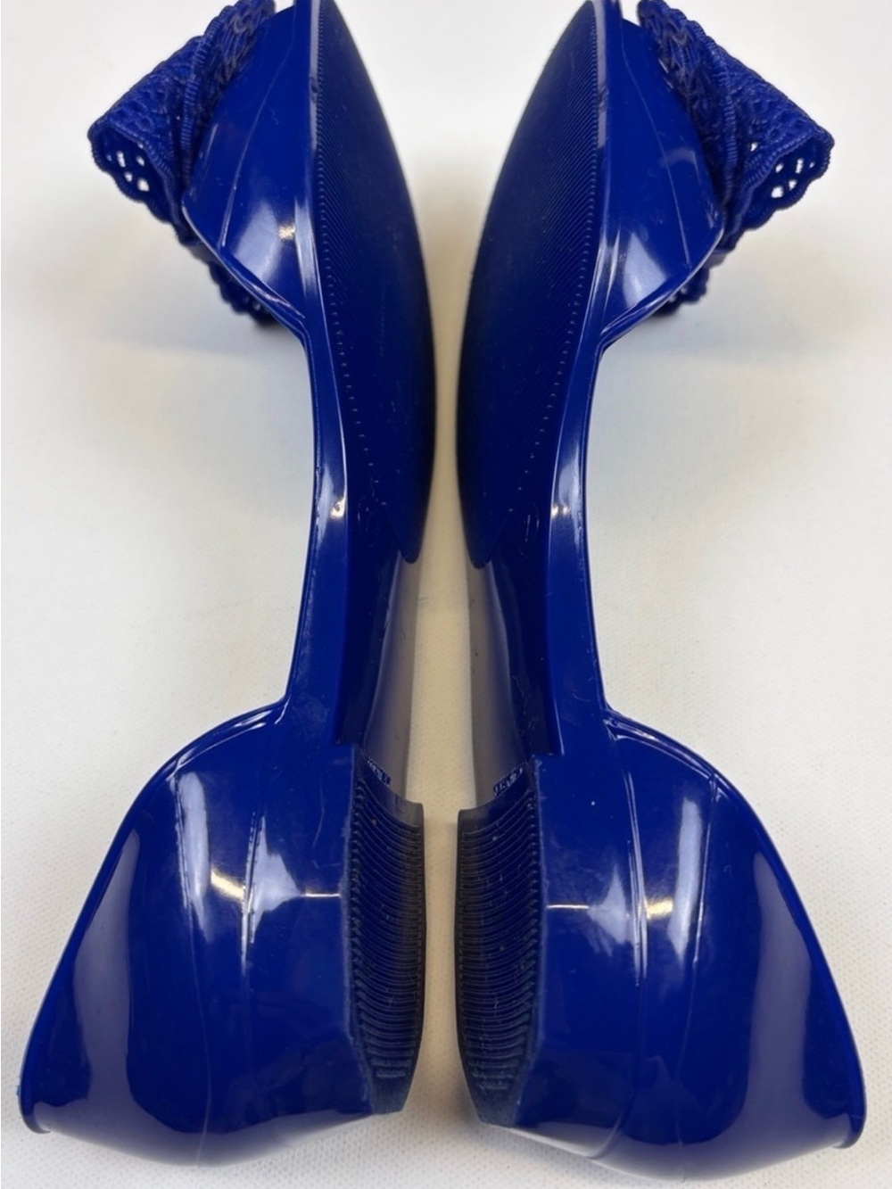 SALVATORE FERRAGAMO BLUE JELLY LACE BOW PEEP TOE FLATS SIZE 7 - Picture 2 of 3